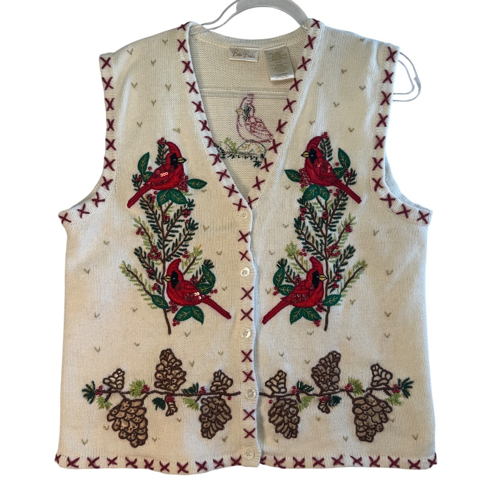 Bobbie‎ Brooks Womens Cardinal Pinecone Embroidered Sweater Vest Knit L Cottage